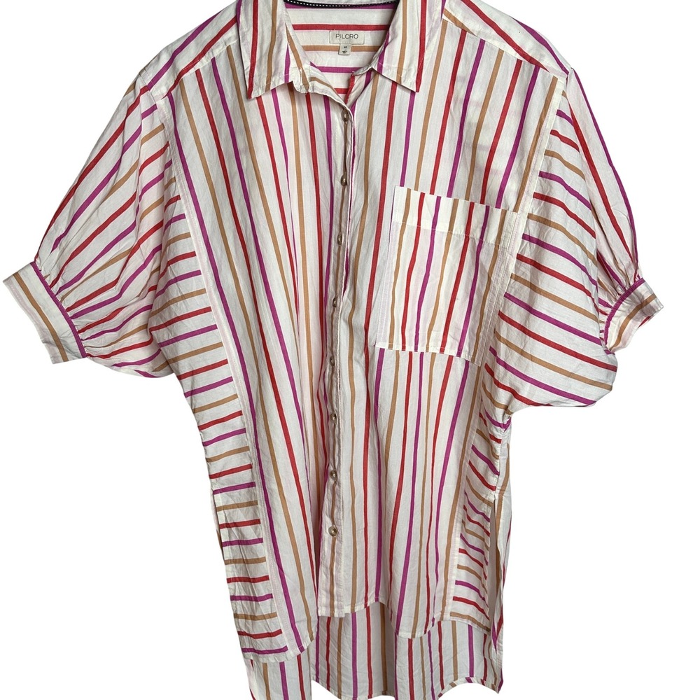 PILCRO  Anthropologie Puff Sleeve Painter Shirt XS Pink Tan White